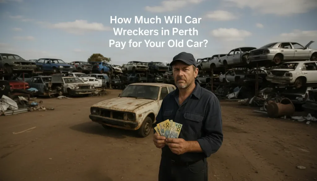 Perth car wrecker handing cash to a client while collecting a scrap vehicle for removal and recycling.