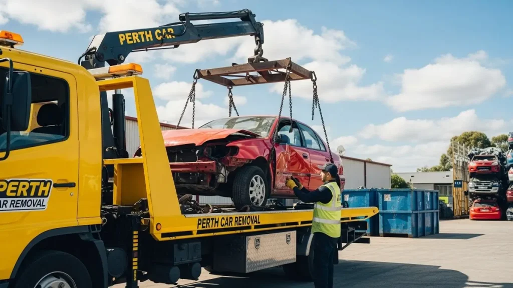 Damaged unregistered car being picked up by a professional removal service in Perth for eco-friendly disposal.