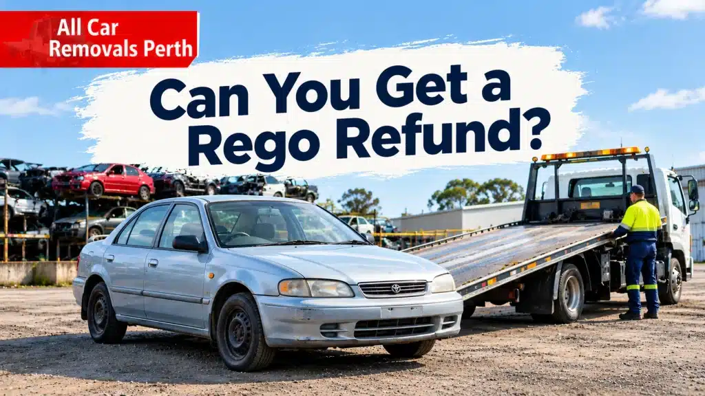 Car removal truck at a vehicle recycling yard in WA, illustrating car rego refunds when scrapping a vehicle.